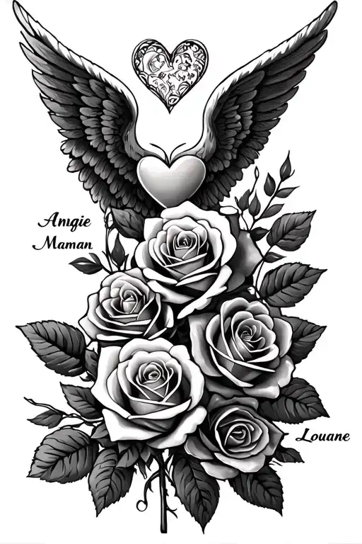 Roses intertwined with heart -shaped angel wings and 3 first names: Angie, Maman, Louane tattoo design idea