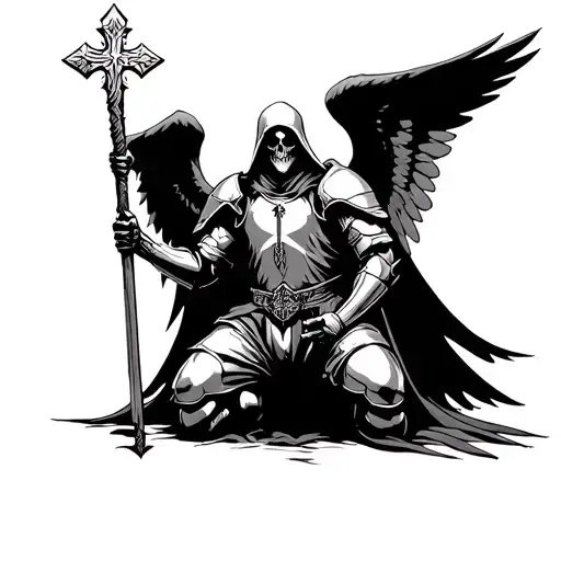 arch angel Raphael kneeling in armor, a staff that has the medical symbol on it a cross on top. grim reaper behind him  tattoo design idea