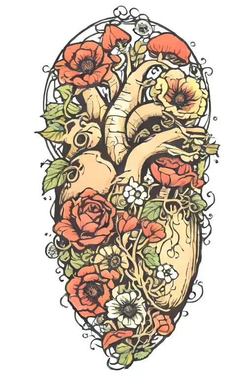 abstract design human heart, poppies, anemones, mushrooms, love and the letters J and C tattoo design idea
