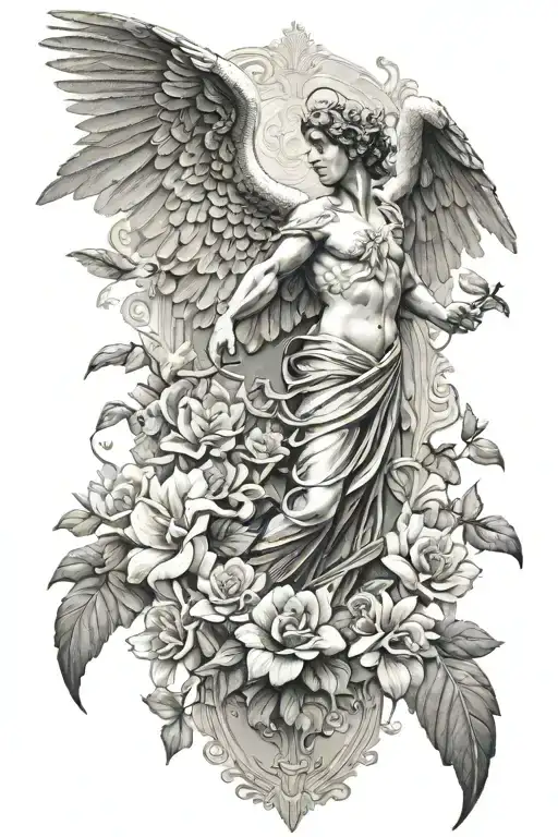 sleeve Greek god gates heaven wings angel flowers humming bird tattoo design idea