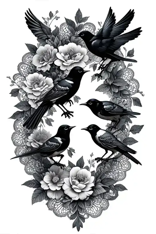 floral lace with birds tattoo design idea