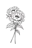 Daisy and peony flower bouquet tied fine line tattoo with leaves and stems tattoo design idea