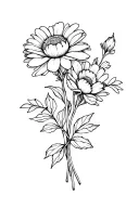 Daisy and peony flower bouquet tied fine line tattoo with leaves and stems tattoo design idea