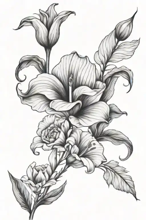 calla lily flower, peony flower, and tulip flower  tattoo design idea