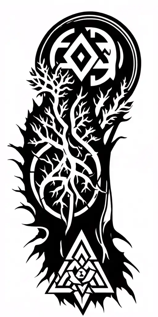 Aegishjalmur symbol on the top Yggdrasil tree in the background, Valknut on the bottom tattoo design idea