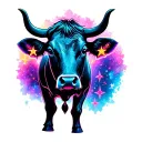cow silhouette with neon galaxy print, cute stars outside tattoo design idea