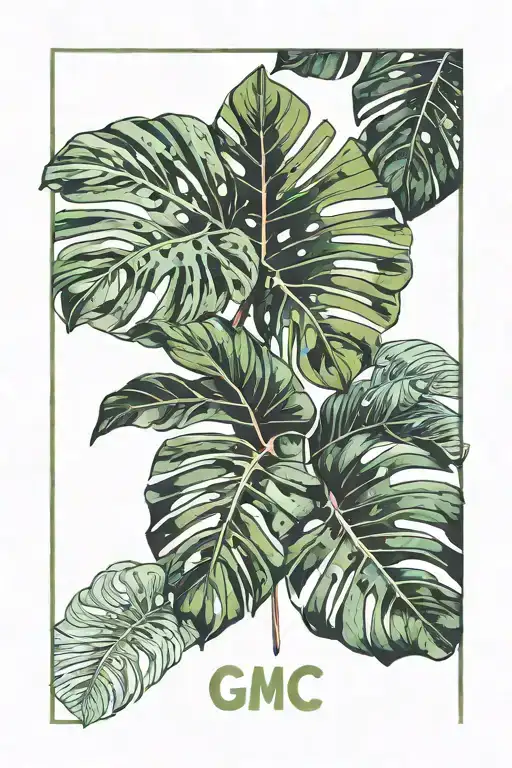 Monstera deliciosa with the text "GMC" on the left pectoral  tattoo design idea