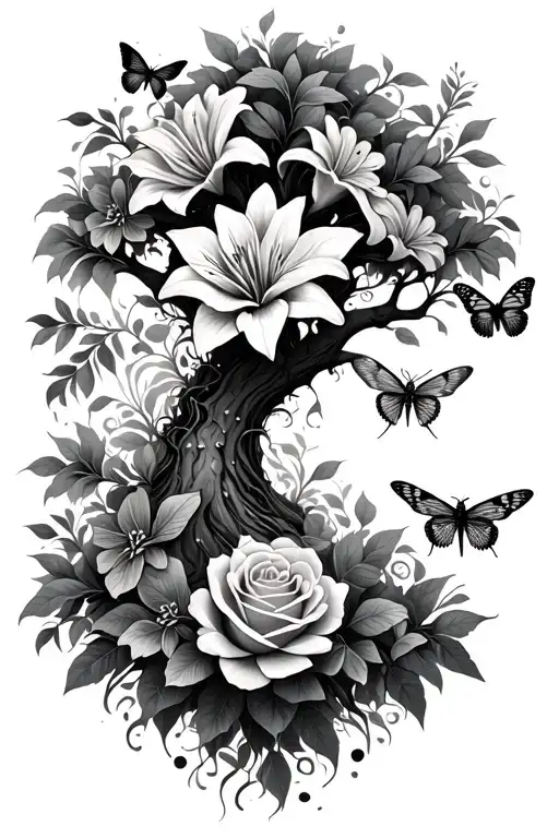 tree of life growing lillies, roses with butterflies, bees, and dragonfly tattoo design idea