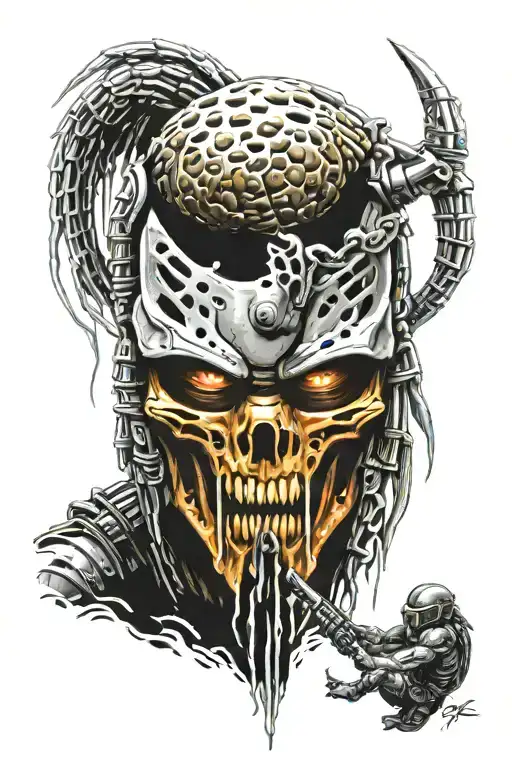 Predator unmasked with commandos in the background tattoo design idea