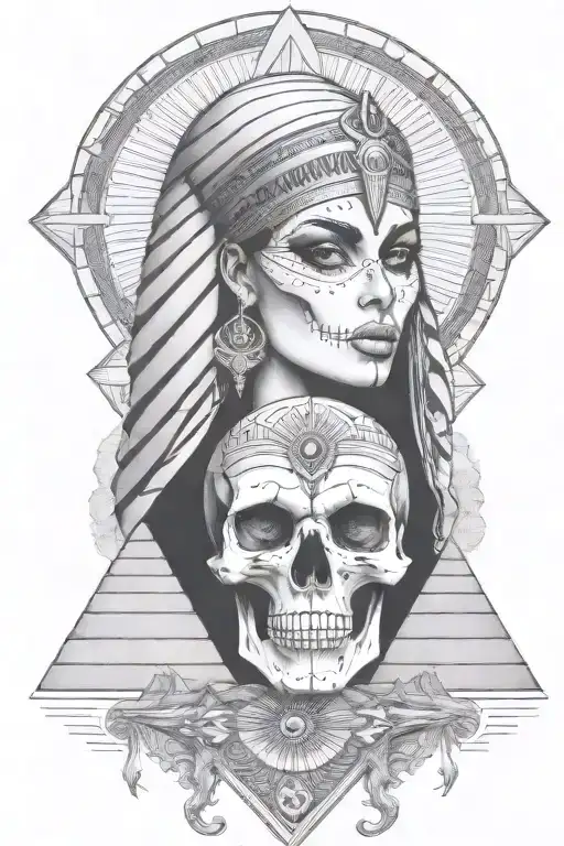  egyption style girl, skull background, pyramid, all seeing eye tattoo design idea