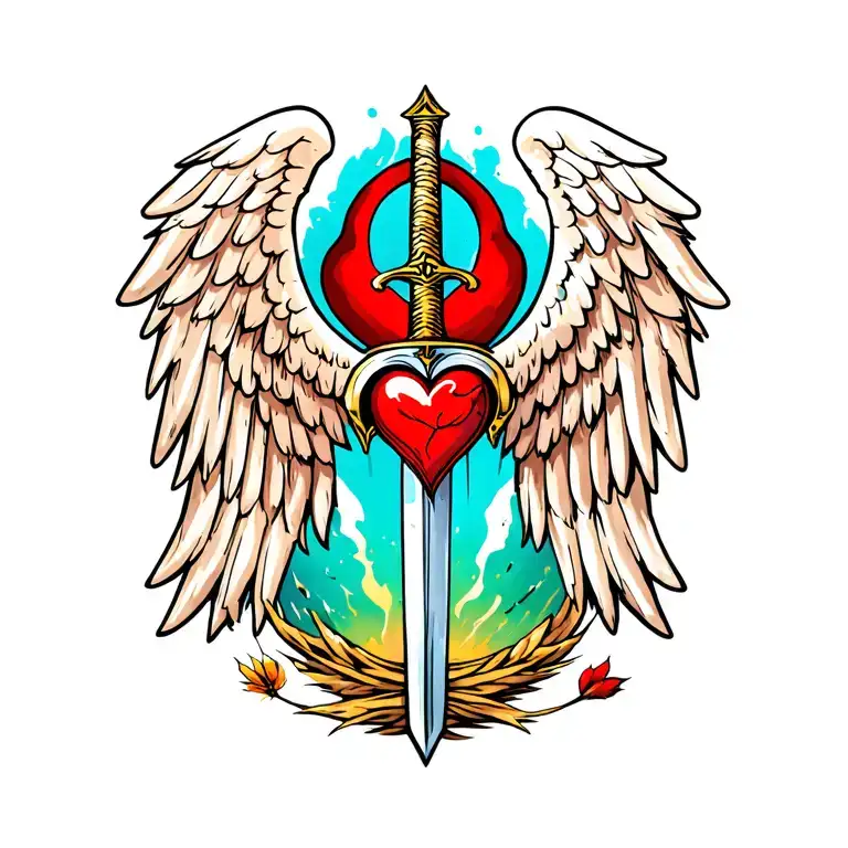 angel wing with a sword in the middle with a heart  tattoo design idea