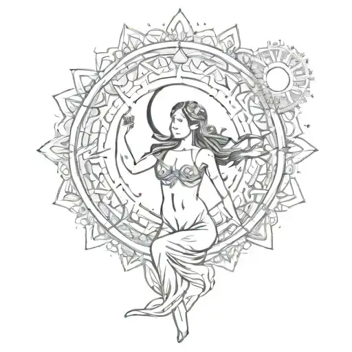 A woman's figure with her arms wide open holding a moon one hand and a sun on the other, inside a mandala tattoo design idea