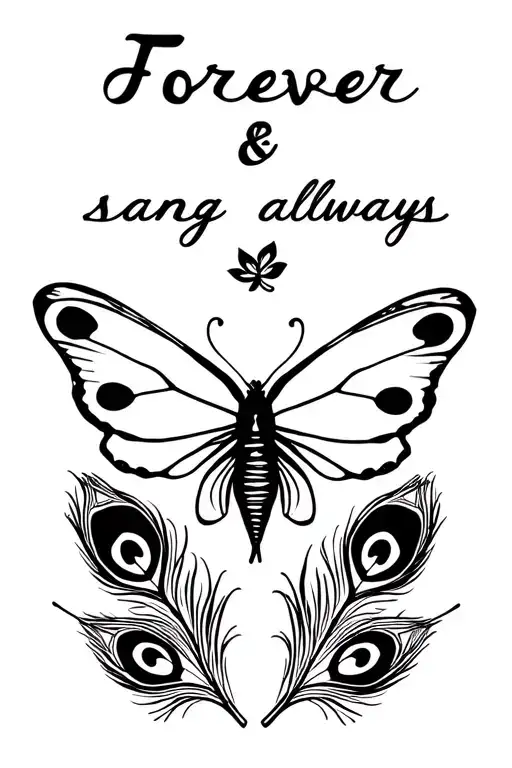 butter fly with two small peacock feathers and with words saying forever and always tattoo design idea