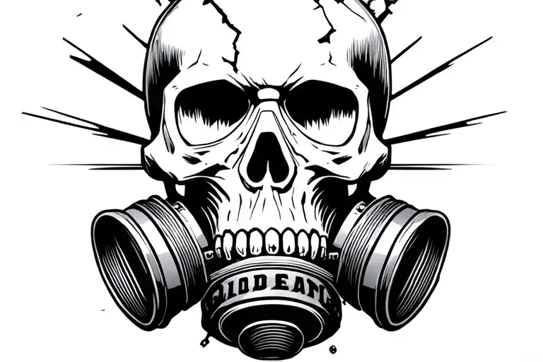 postapocaliptic death skull wearing broken gas mask tattoo design idea
