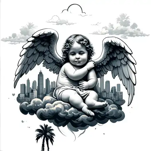 baby angel on a cloud looking down on a los angeles skyline with palm trees  tattoo design idea