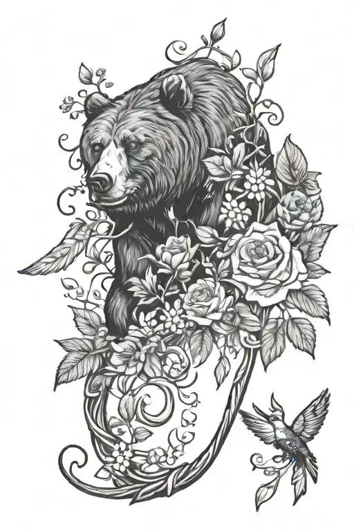a vine wrapped round the arm with flowers and swallow tail birds and a bear and other forest animals  tattoo design idea