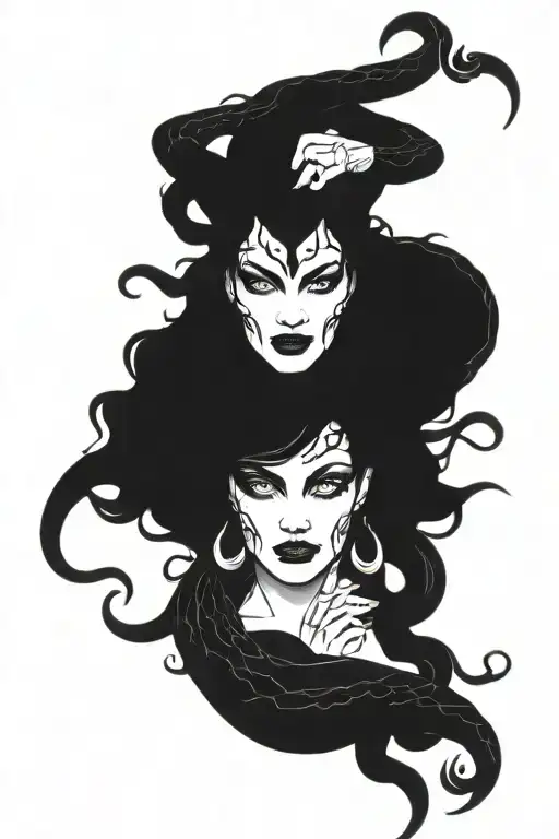 A unique tattoo design combining Medusa and Maleficent, with snakes and horns intertwined in a dark and mysterious composition tattoo design idea