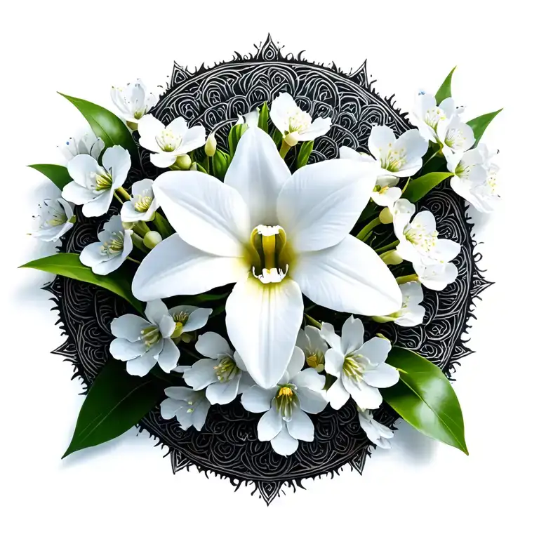 mandala of white cattleya with white cherry blossoms tattoo design idea