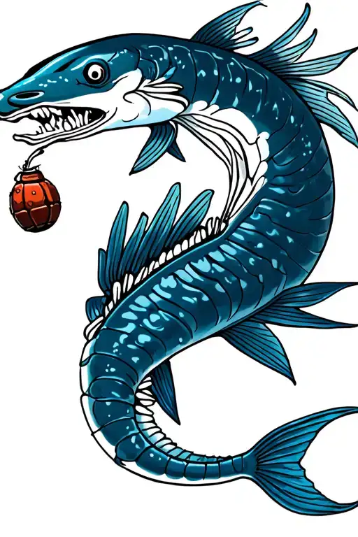 oarfish with a grenade in mouth wide open tattoo design idea