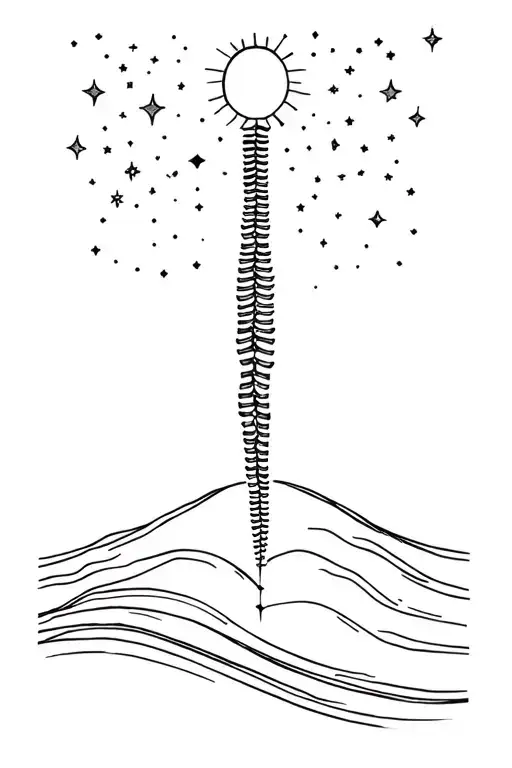 fine line celestial spine tattoo with a hill, stars, sunlight in one line tattoo design idea
