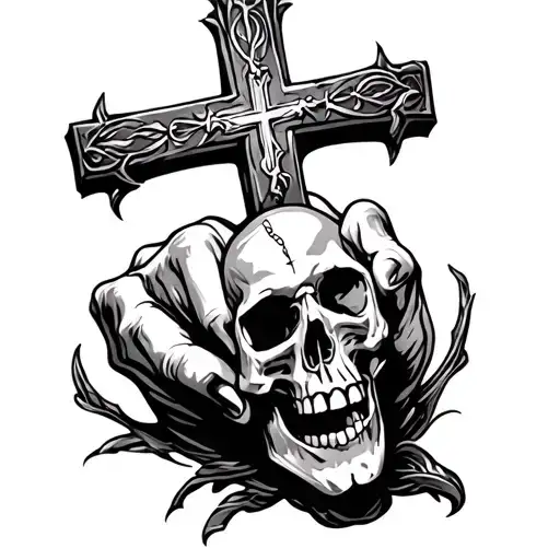 christian cross with a skull in the middle finger tattoo design idea