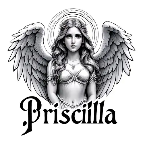 Name Priscilla with angel wings on each side and halo above name  tattoo design idea