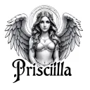 Name Priscilla with angel wings on each side and halo above name  tattoo design idea
