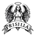 Name Priscilla with angel wings on each side and halo above name  tattoo design idea
