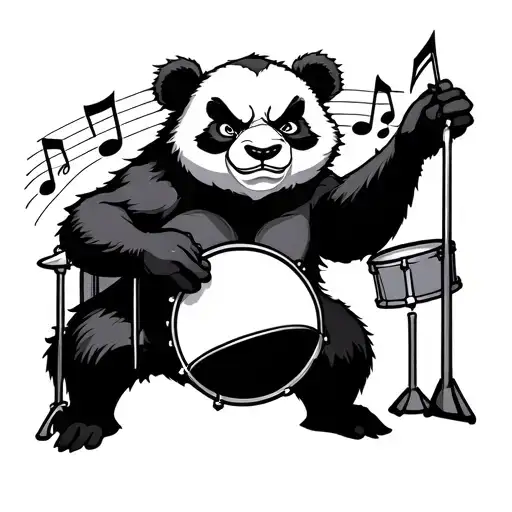 angry panda playing the drums, music notes tattoo design idea