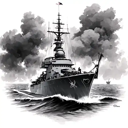 navy english battleship WW2 realistc on choppy water colour tattoo design idea