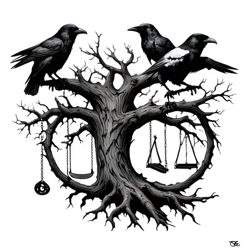 half dead tree of life with ravens, add swing set on one side and add a noose on the other side  tattoo design idea