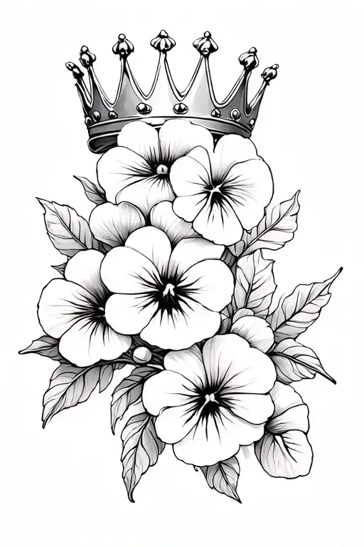crown and pansies surrounding tattoo design idea