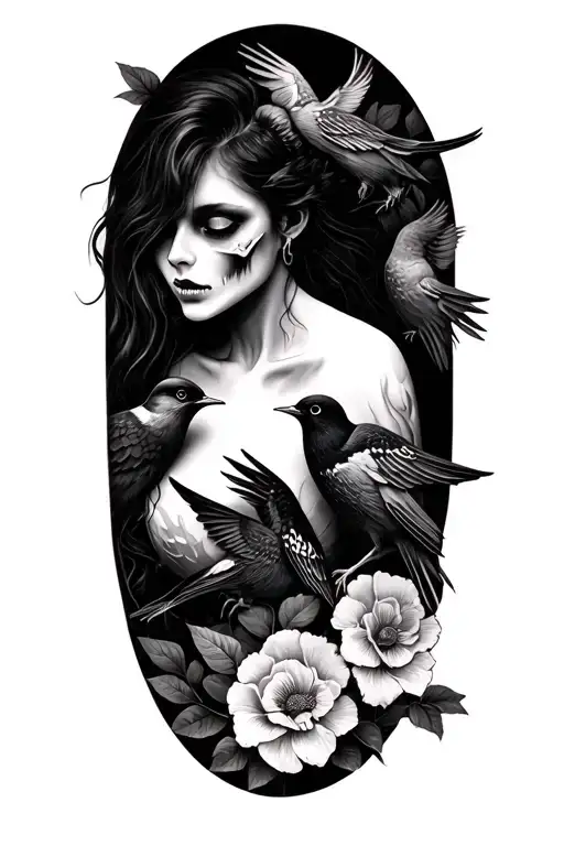 female zombie sleeve tattoo featuring 5 birds and flowers tattoo design idea