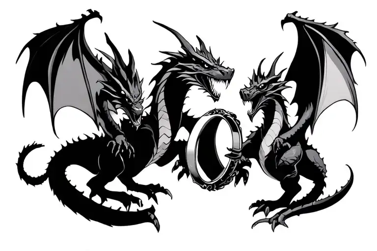two dragons trying to win a ring from there theeth tattoo  tattoo design idea