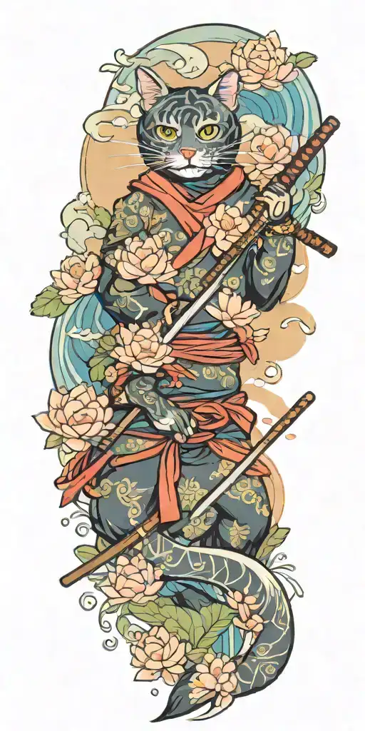 ninja cat holding katana, tail, water, waves, lotus, sakura, clouds, whirlpool, leaves, peony, sunset tattoo design idea