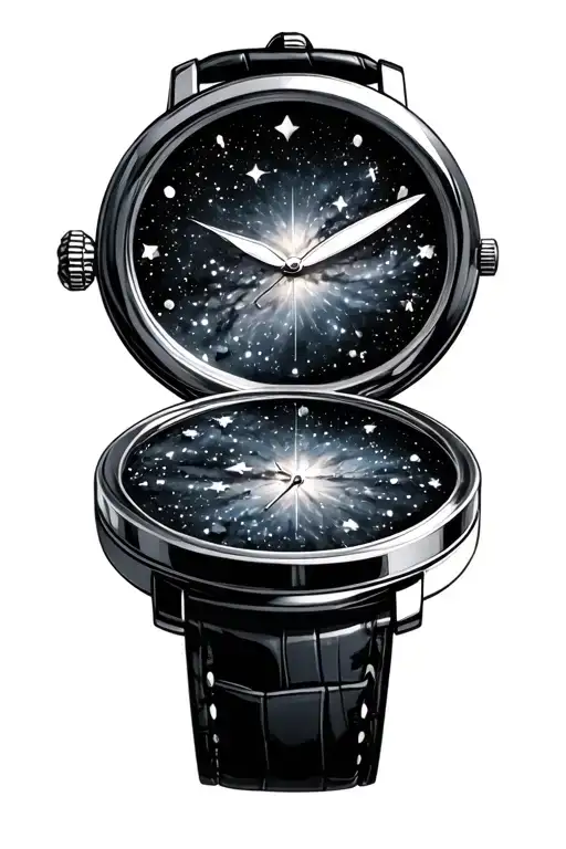 black and white themed open pockewatch with galaxy filled with stars tattoo design idea