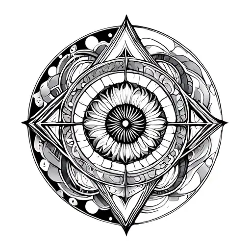 Quarter-sleeve tattoo, greyscale, geometric and ornamental style. Sacred geometry spirals, quantum wave patterns tattoo design idea