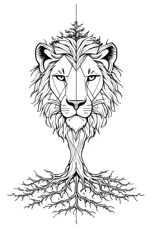 lion head with trees and roots growing underneath with geometric elements and gemini tattoo design idea
