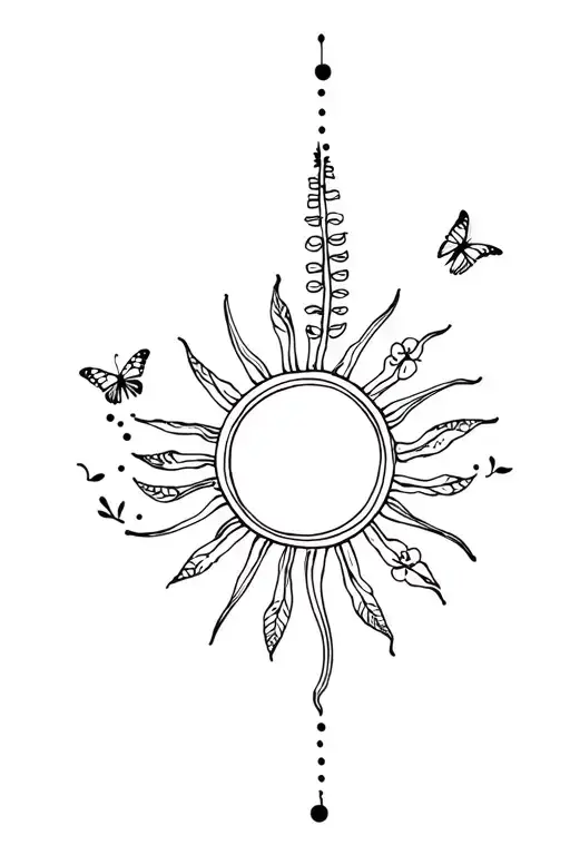timeline sun for spine tattoo with dainty flowers and tiny butterflies with lines and dots  tattoo design idea
