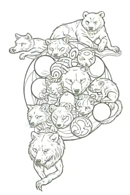 a bear, wolf, gecko, monkey, cat squished in a ball sleeping tattoo design idea
