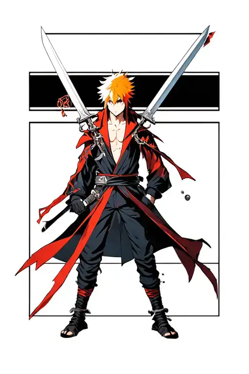 bleach anime ichigo in one rectangle, swords in second rectangle tattoo design idea