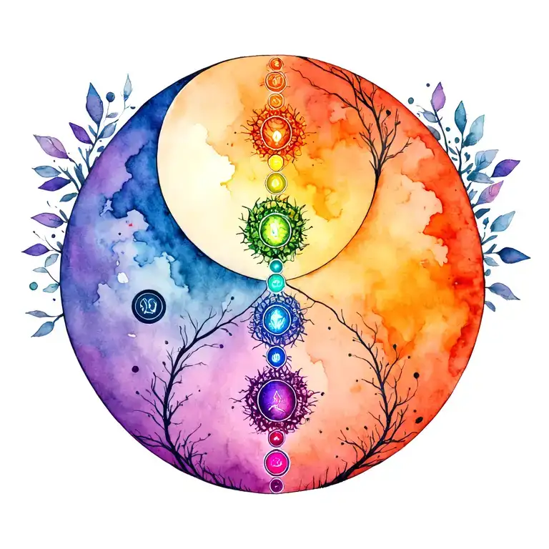 yin yang + tree + 7 chakras + The theory of evolution + dna tattoo design idea