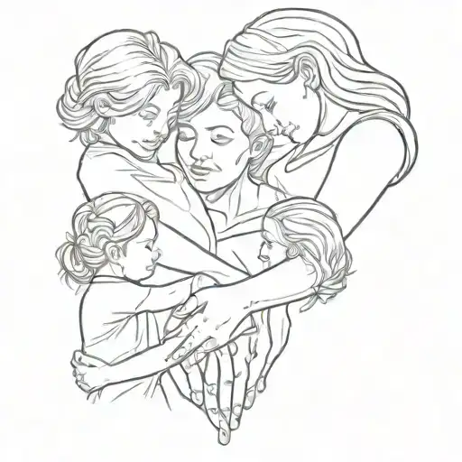 A sketch style tattoo of a mom holding hands with her children, symbolizing your role as a mother tattoo design idea