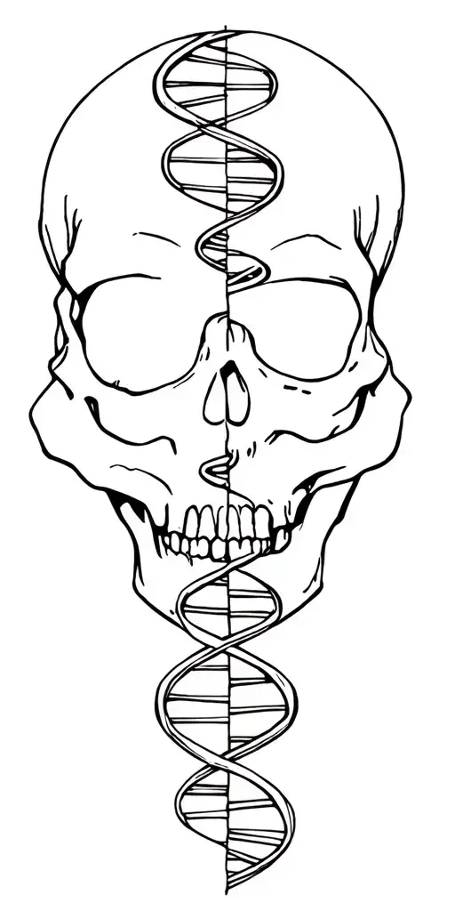 skull face cut in half with DNA double helix tattoo design idea