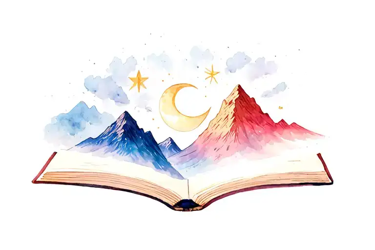 an open book at the base of a mountain with 8 pointed star and moon tattoo design idea