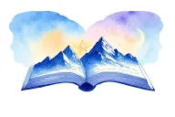 an open book at the base of a mountain with 8 pointed star and moon tattoo design idea