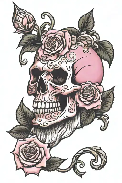 pink skull with roses tattoo design idea