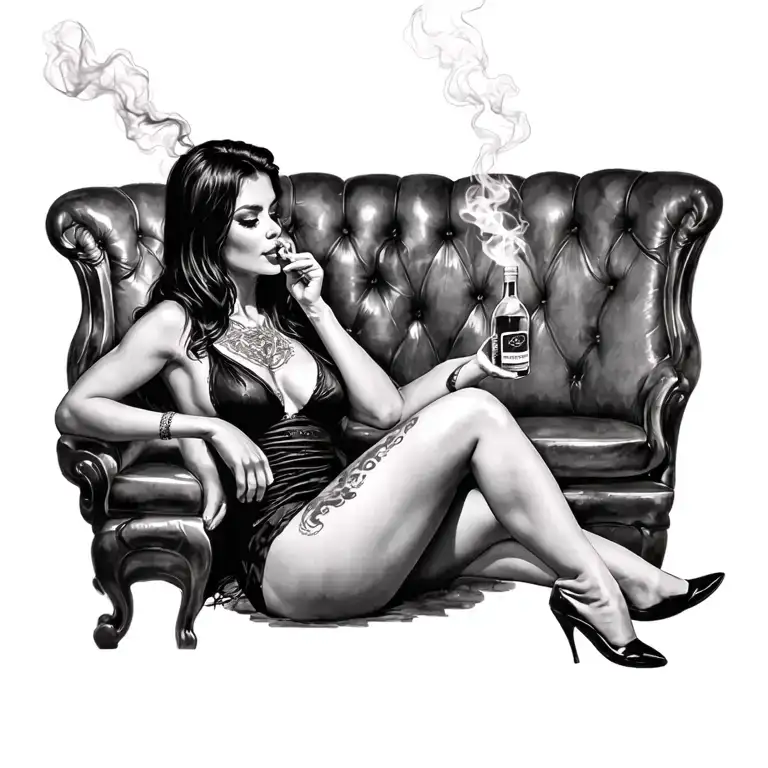 sexy woman sitting alcohol smokes tattoo design idea