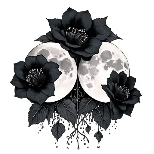 Two side moons with black Hellebore flowers descending on the hips and the top of the thighs. ” tattoo design idea
