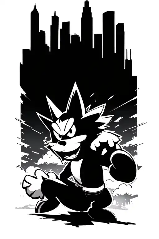 baltimore skyline in graffiti style with crash bandicoot laughing in the clouds and marshadow the pokemon doing a power  tattoo design idea